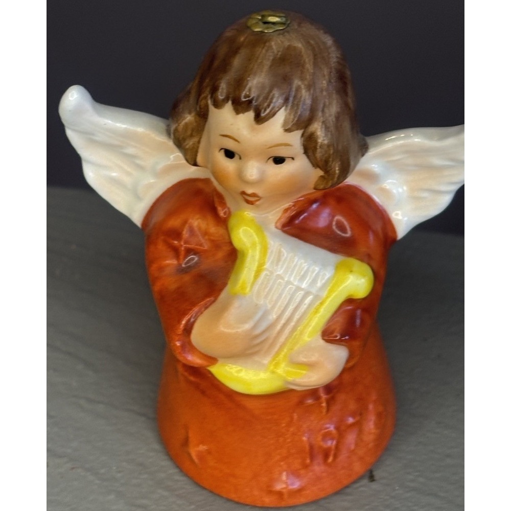 Vintage 1978 Goebel Angel Bell w Harp Christmas Tree Ornament Rust Orange Dress